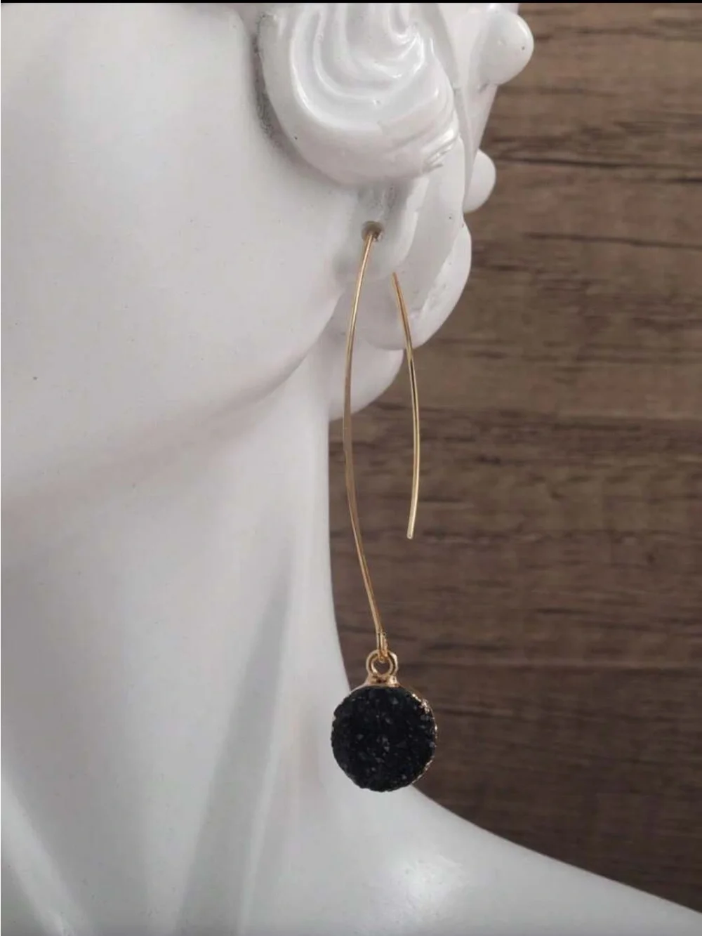 Gold Drop Earrings with Black Druzy Stones - Women Jewelry